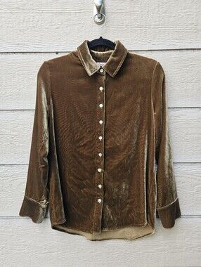 Faherty Stretch Silk Genevieve Tan Gold velvet button front shirt XS